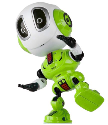 this is an image of a green talking robot toy for kids. 