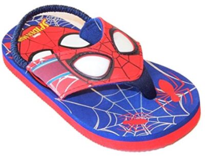 this is an image of a spider-man flip flops beach sandals with light designed for kids. 