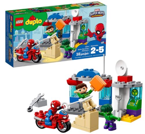 this is an image of Spider-man, hulk and sandman LEGO Duplo super hero figures for kids. 