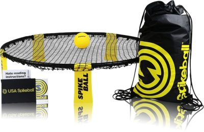 This is an image of a black and yellow spikeball set. 