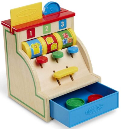This is an image of Melissa & doug spin and swipe wooden toy cash designed for kids