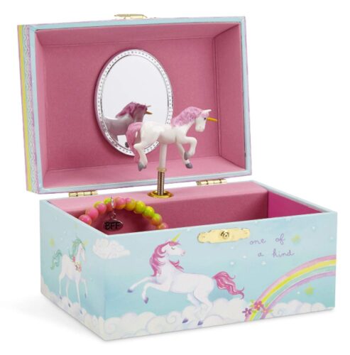 this is an image of a spinning unicorn musical jewelry box for kids.