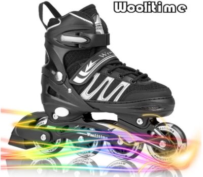This is an image of kids sport roller blade in black and white colors