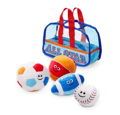 this is an image of a sports bag with plush balls for kids. 