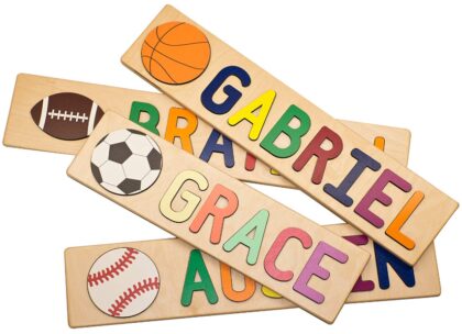 This is an image of kid's sports themed personalised wooden name