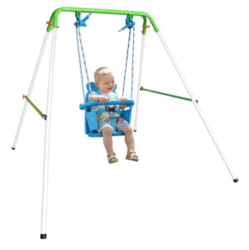 this is an image of a baby riding a heavy duty swing with safety harness.