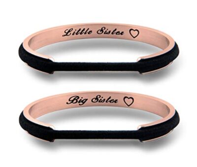 This is an image of a rose gold hair tie and bangle bracelet for sisters. 