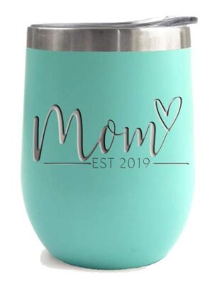 this is an image of a teal stainless steel tumbler with lid for new moms. 