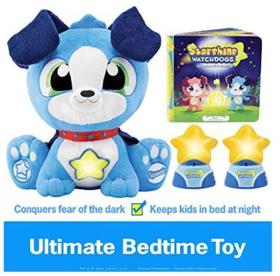 this is an image of a 2 night lights, talking plush puppy toy and children's storybook. 