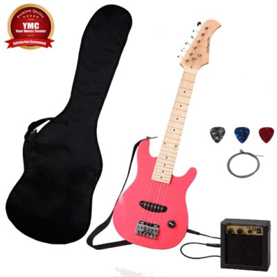 This is an image of kid's electric guitar pack by Stedman contain amp and other accessories in pink color