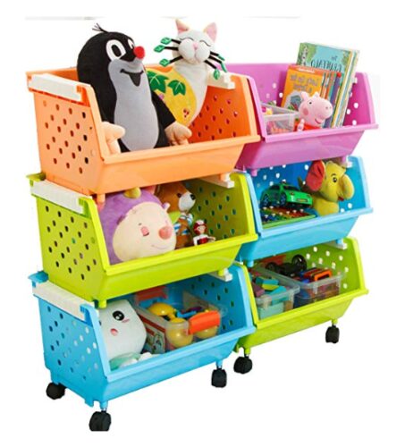 this is an image of a storage bin organizer with wheels for kids.