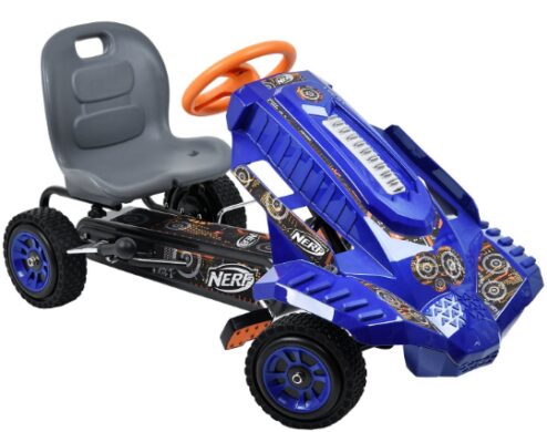 This is an image of hauck nerf striker go kart ride on designed for kids in blue color