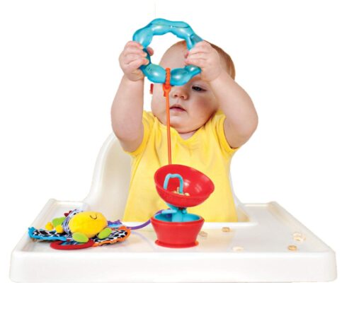 this is an image of a child using a suction toy holder.