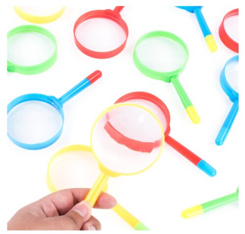 this is an image of a 12 pack 5 inch mini magnifying glass with pens tip for kids. 