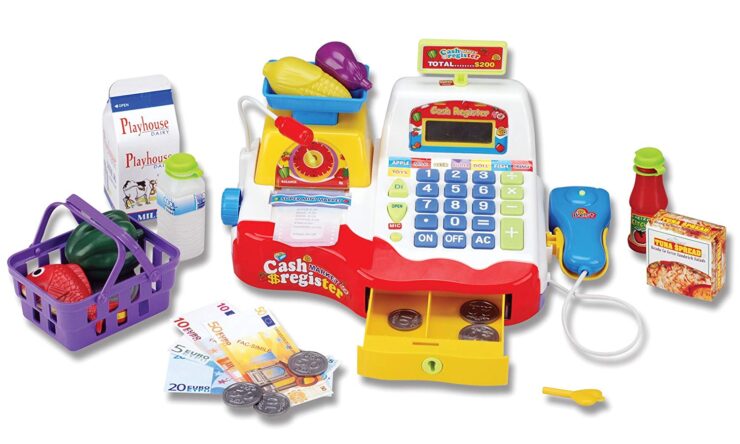 Cash register with checkout scanner for kids