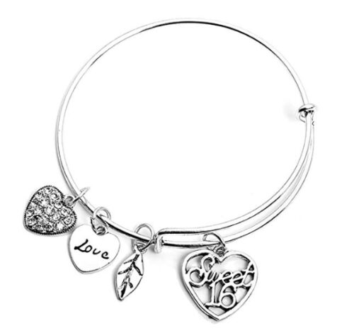 this is an image of a sweet 16 charm bangle bracelet for teens. 