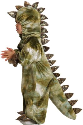this is an image of a kid wearing a dinosaur costume. 