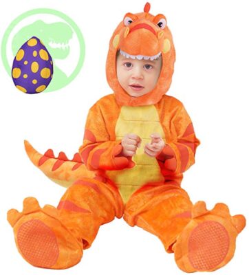 this is an image of a kid wearing a dinosaur costume designed for halloween.
