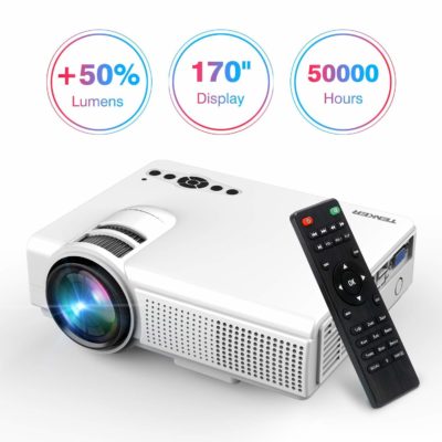 This is an image of a white mini projector with remote control.