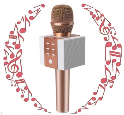 this is an image of a rose gold wireless karaoke microphone for the whole family. 