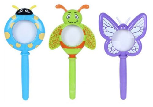 this is an image of a 3-piece cartoon plastic handheld insect shape magnifier for kids. 