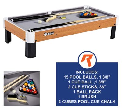 this is an image of a tabletop pool table set for kids. 
