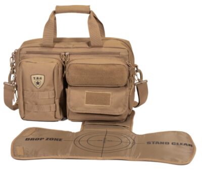  this is an image of a cayote brown tactical diaper bag with changing mat.