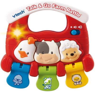 This is an image of a red baby talk and go rattle toy