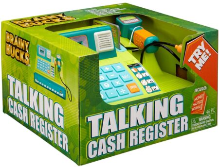 This is an image of Brainy bucks talking cash register toy for kids