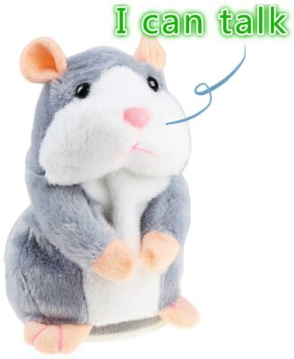 This is an image of boy's talking hamster plush toy in gray and white colors