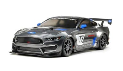 This is an image of a black mustang rc car by Tamiya.