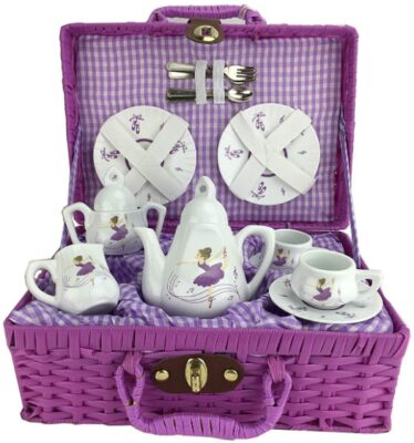 This is an image of tea set in basket in purple color