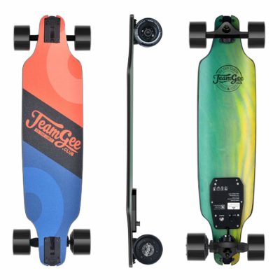 This is an image of a 31 inch red, blue and green electric skateboard by Teamgee.