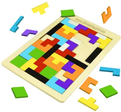 This is an image of kid's wooden tetris puzzle in colorful colors