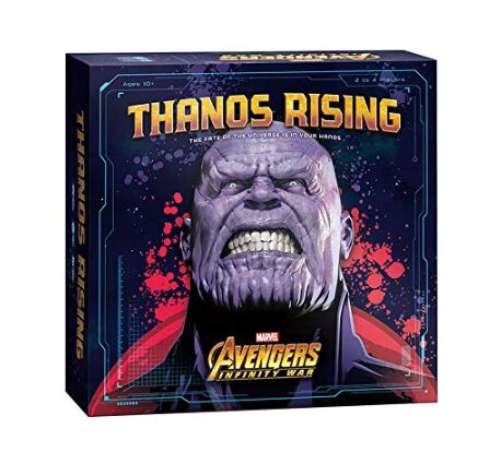 this is an image of a Avengers Infinity Ward dice and card game in Thanos Edition for kids. 