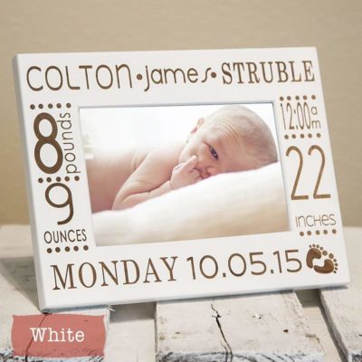 This is an image of a personalized baby frame with birth information.