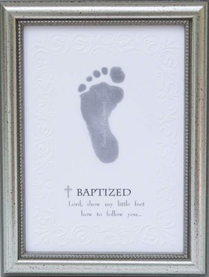 This is an image of a baptized footprint frame for baby boys. 