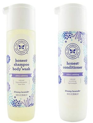 this is an image of a lavander conditioner and shampoo with body wash for kids. 