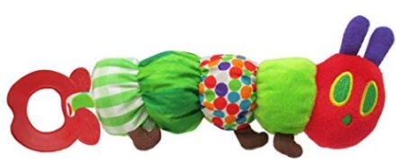 This is an image of a baby caterpillar teether rattle toy