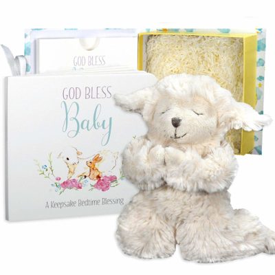 This is an image of a praying musical lamb with prayer book gift set designed for little girls. 