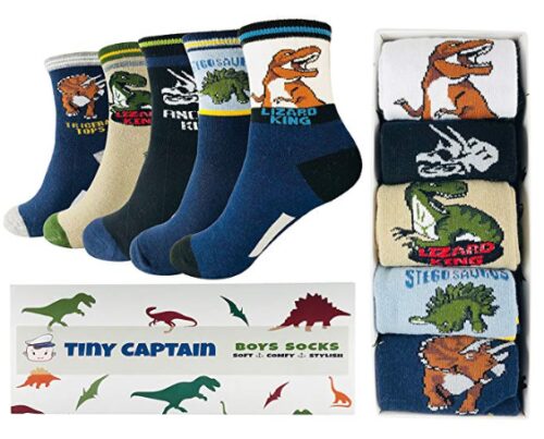 this is an image of a 5 pack dinosaur socks for kids. 