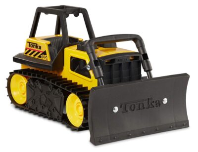 this is an image of a yellow steel bulldozer play vehicle.
