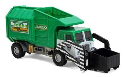 this is an image of a green motorized garbage loader play vehicle. 
