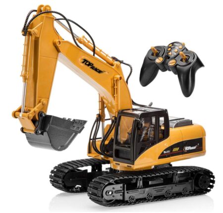 This is an image of a yellow excavator toy vehicle with remote control. 