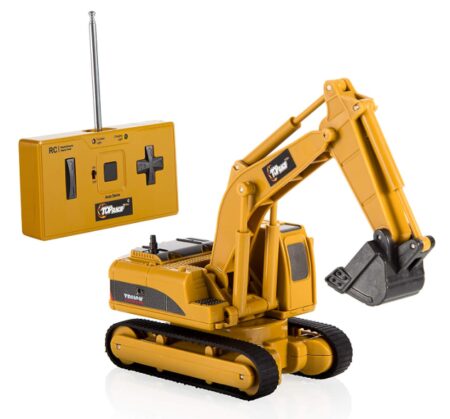 This is an image of a yellow mini RC truck excavator toy.