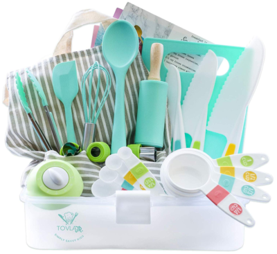 This is an image of kid's cooking and baking set in white and blue colors