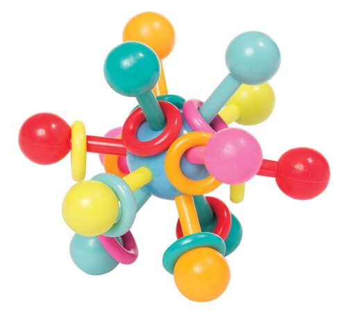 this is an image of a toy atom rattle & teether for kids. 