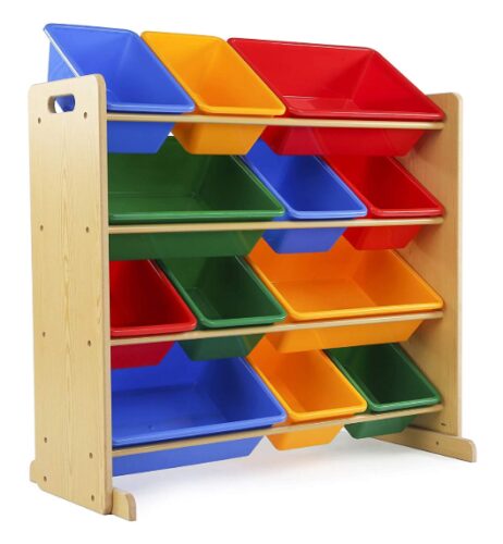 this is an image of a toy storage organizer with 12 plastic bins for kids. 