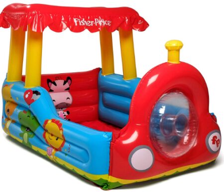 This is an image of train inflatable ball pit for kids by Fisher Price