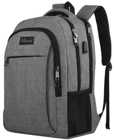 This is an image of backpack travel with usb charging in grey color